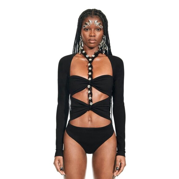 AREA Chain Link Long Sleeve Bodysuit in Black Large New Womens Crystal Top - Picture 1 of 16